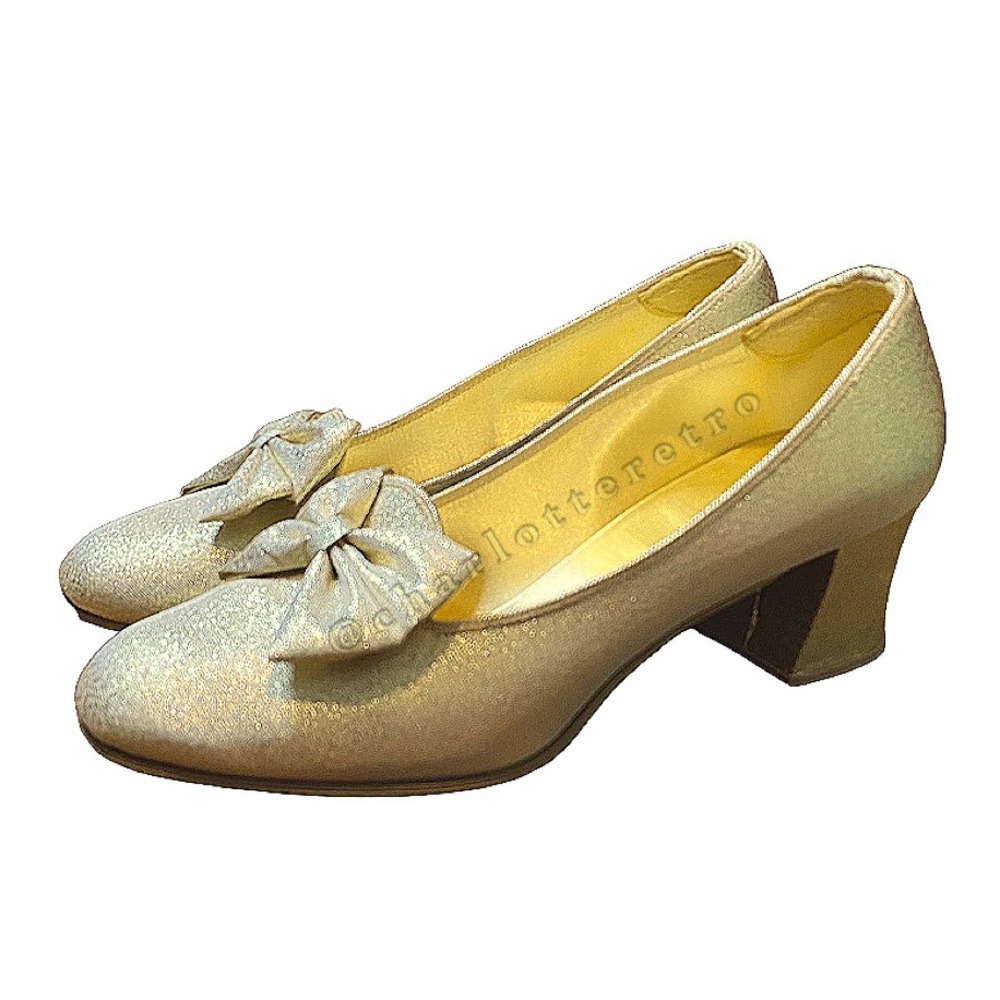 60s vtg Gold Shimmery Shoes w Bow | Block Heel - Picture 3 of 10